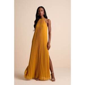 Lulus Exceptionally Elegant Marigold Pleated Chiffon Maxi Dress Yellow - Size M